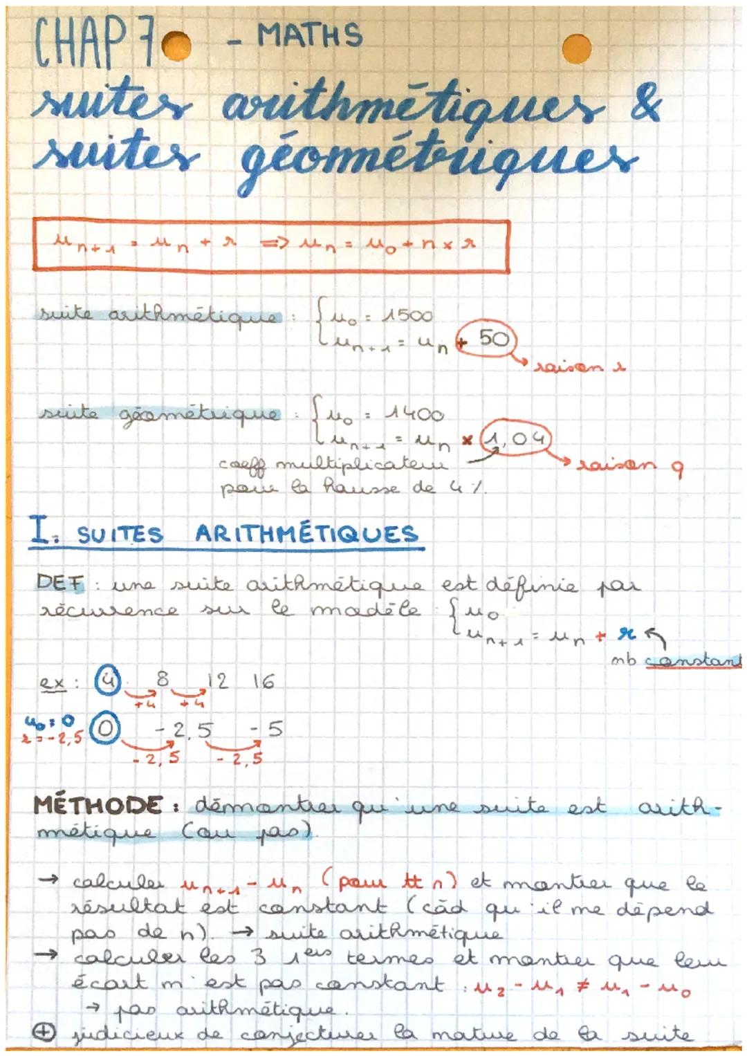 # CHAP 70 - MATHS

sutes arithmetiques &
suites géométriques

$
\mu_{n+1} = \mu_n + r \Rightarrow \mu_n = \mu_0 + n \times r
$

suite arithm