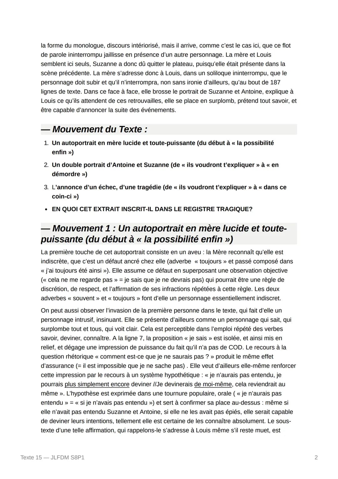 Texte 15 - JLFDM S8P1
Texte :
LA MERE. - Cela ne me regarde pas,
Je me mêle souvent de ce qui ne me regarde pas, je ne change pas, j'ai touj
