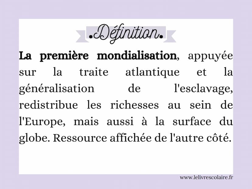 La Première
Mondialisation :
le commerce triangulaire Définition.
La première mondialisation, appuyée
sur la traite atlantique
et la
l'escla