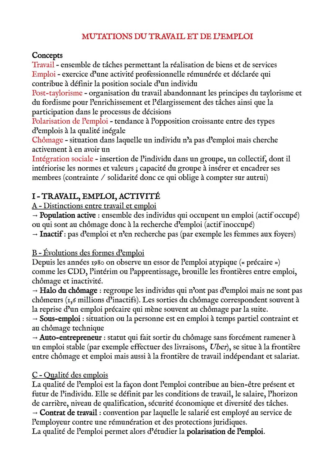 MUTATIONS DU TRAVAIL ET DE L'EMPLOI
Concepts
Travail - ensemble de tâches permettant la réalisation de biens et de services
Emploi - exercic