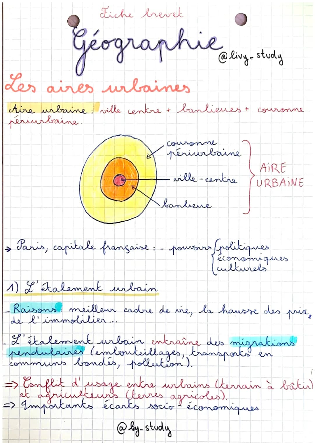 Fiche brevet
Géographie
Les aires urbaines
Aire urbaine ville centre + banlieues.
périurbaine.
-
@livy-study
couronne
périurbaine
ville-cent