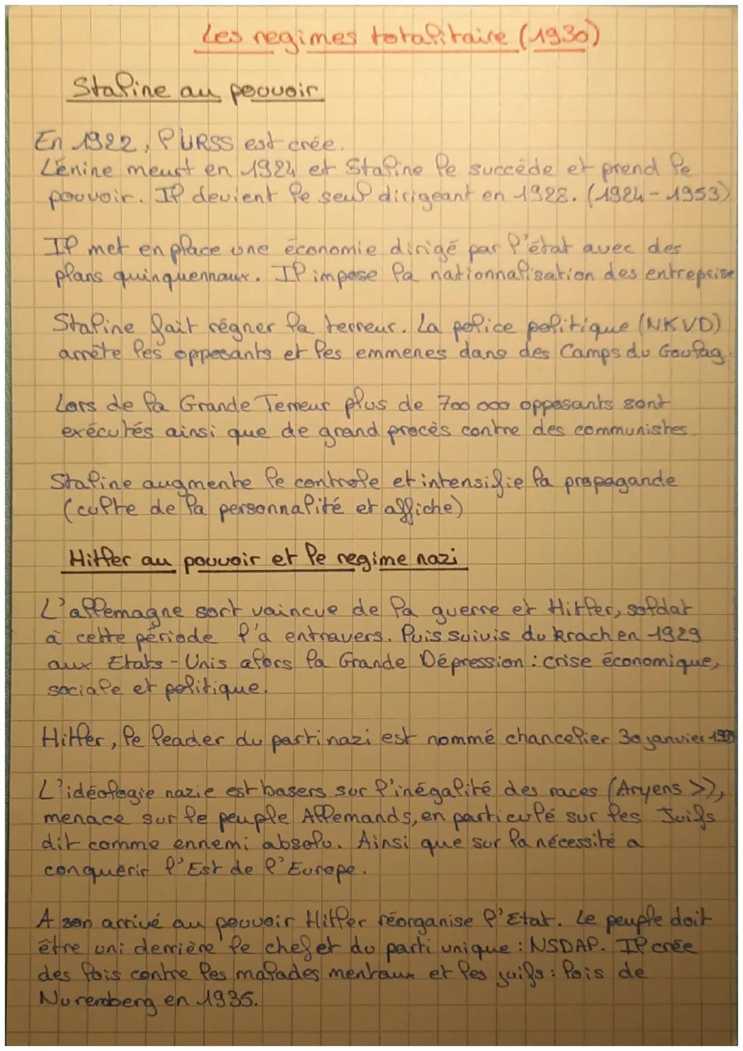 # Les regimes totalitaire (1930)

Staline au pouvoir

En 1922, PURSS est crée.
Lenine meust en 1924 et Staline Pe succède et prend Pe
pouvoi