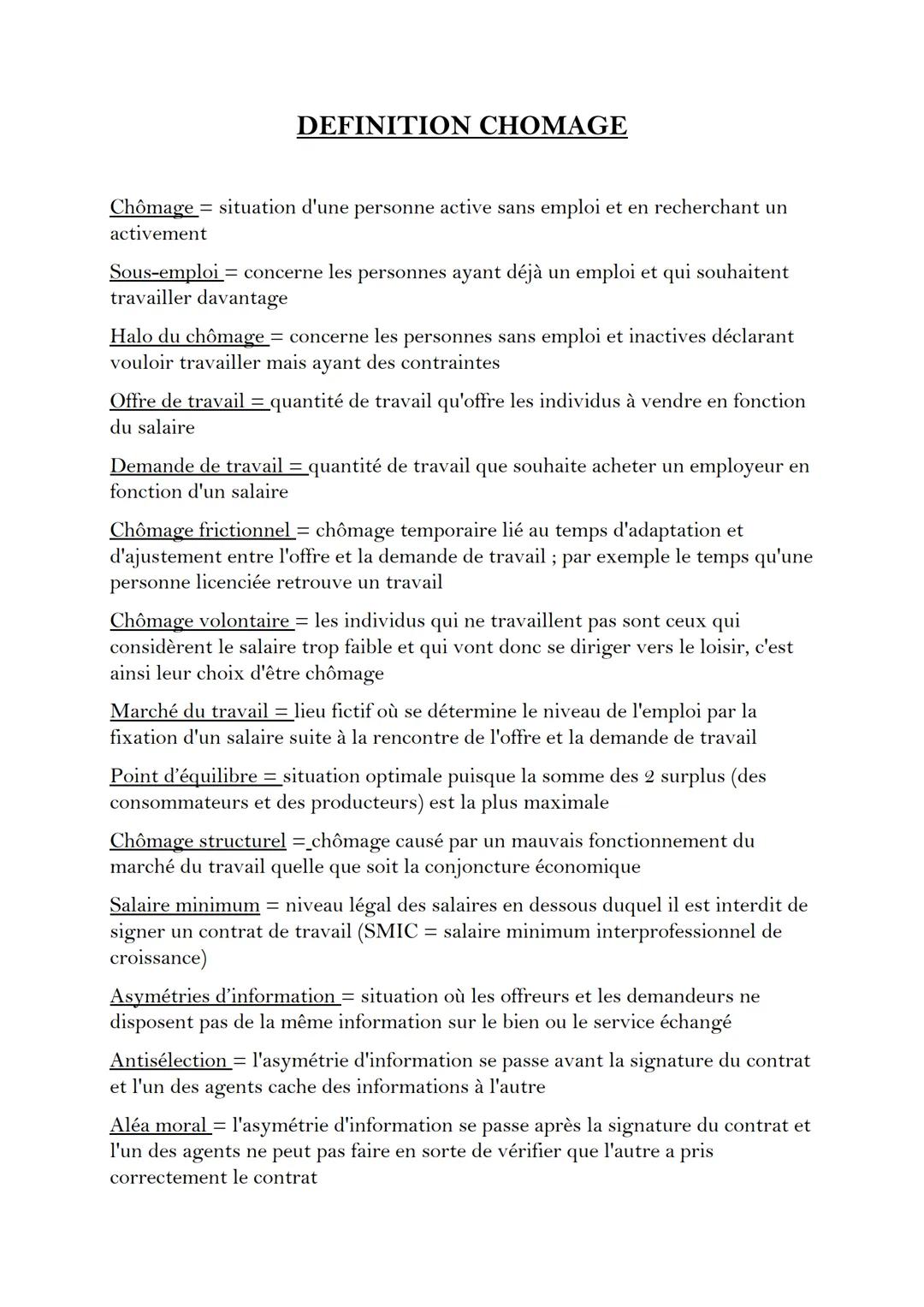 # DEFINITION CHOMAGE

Chômage = situation d'une personne active sans emploi et en recherchant un
activement

Sous-emploi = concerne les pers