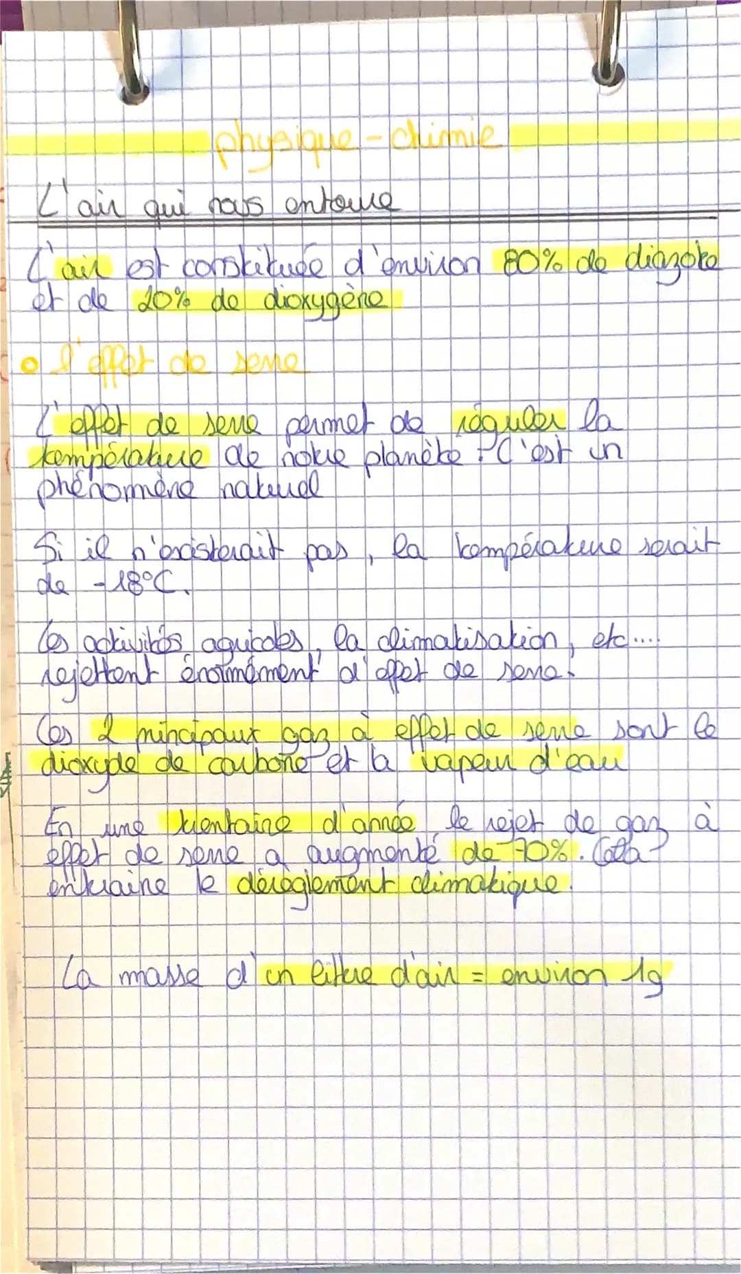 - L'air que nous entoure
I'air est constituée d'environ 80% de diazole
et de 20% de dioxygène
I'effet de sere permet de reguler la
températu
