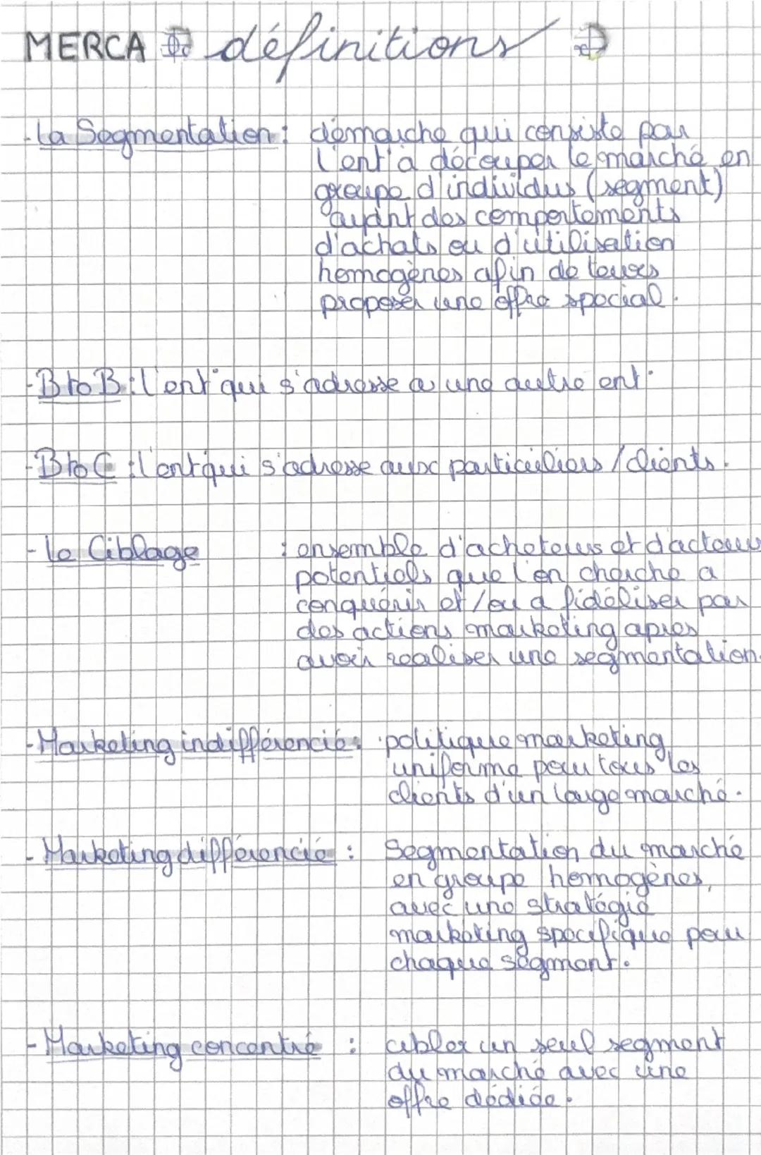 MERCA définitions I
- La Segmentation: demarche qui consiste par
L'ent'a découper le marché en
groupe d'individus (segment)
audnt des compor