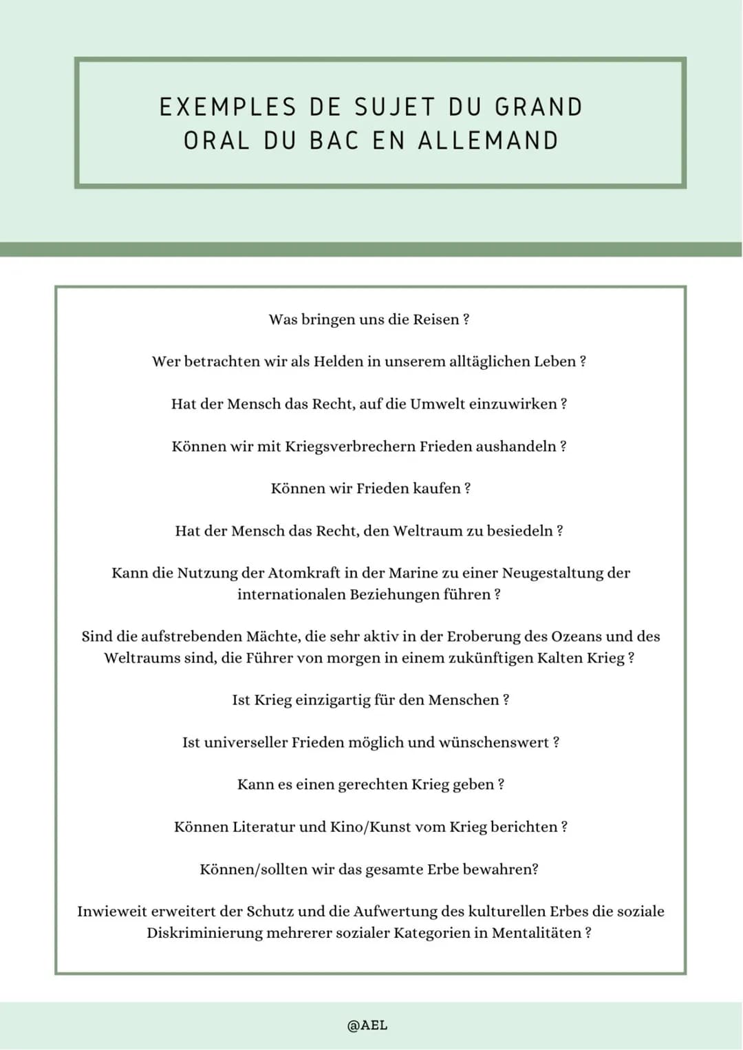 EXEMPLES DE SUJET DU GRAND
ORAL DU BAC EN ALLEMAND
Was bringen uns die Reisen?
Wer betrachten wir als Helden in unserem alltäglichen Leben?
