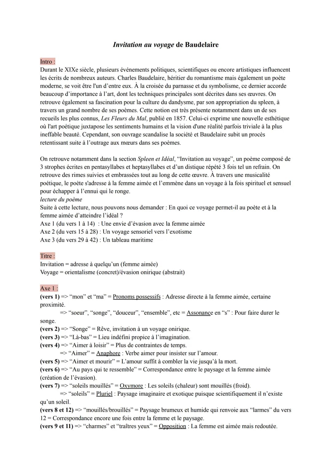 Invitation au voyage de Baudelaire
Intro :
Durant le XIXe siècle, plusieurs événements politiques, scientifiques ou encore artistiques influ