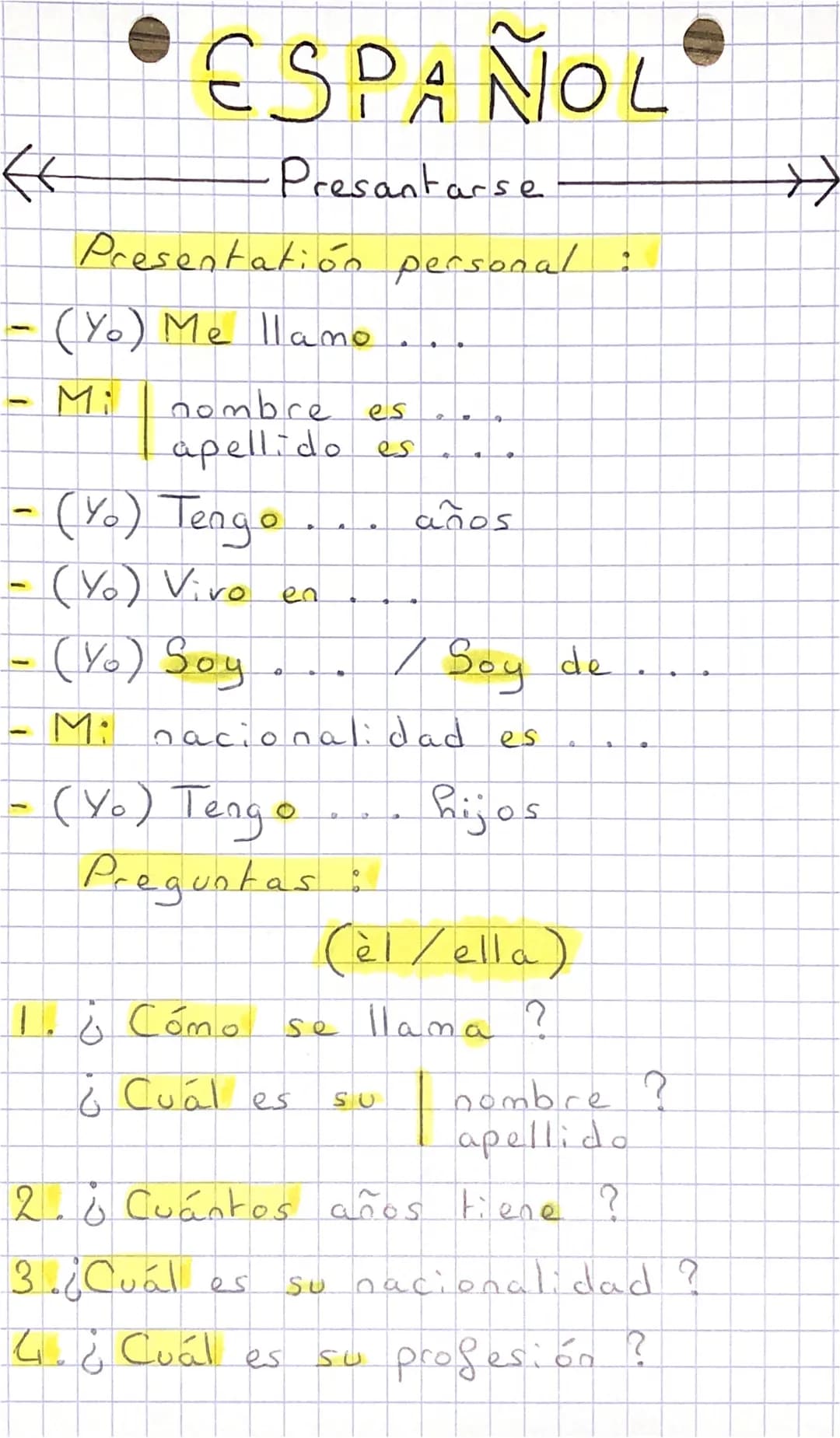 «
ESPAÑOL
Presantarse
Presentation personal
- (Yo) Me llamo
nombre es
apellido es
- (Y₂) Tenga
(Yo) Vivo en
- (Yo) Soy
O
Preguntas:
1.6 Cómo