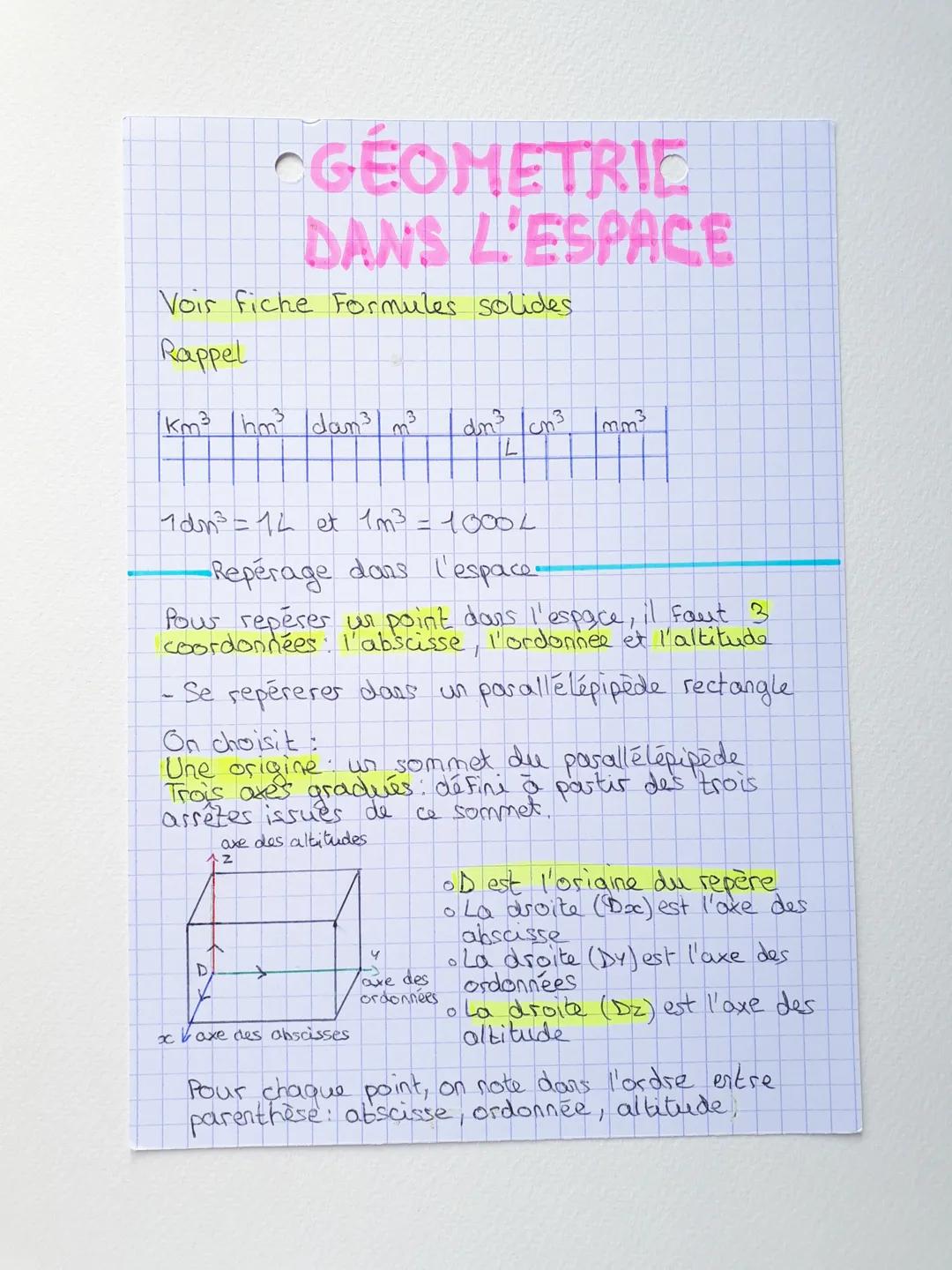 # GÉOMETRIE
# DANS L'ESPACE

Vois fiche Formules solides
Rappel

| km³ | hm³ | dam³ | m³ | dm³ | cm³ | mm³ |
|---|---|---|---|---|---|---|
|