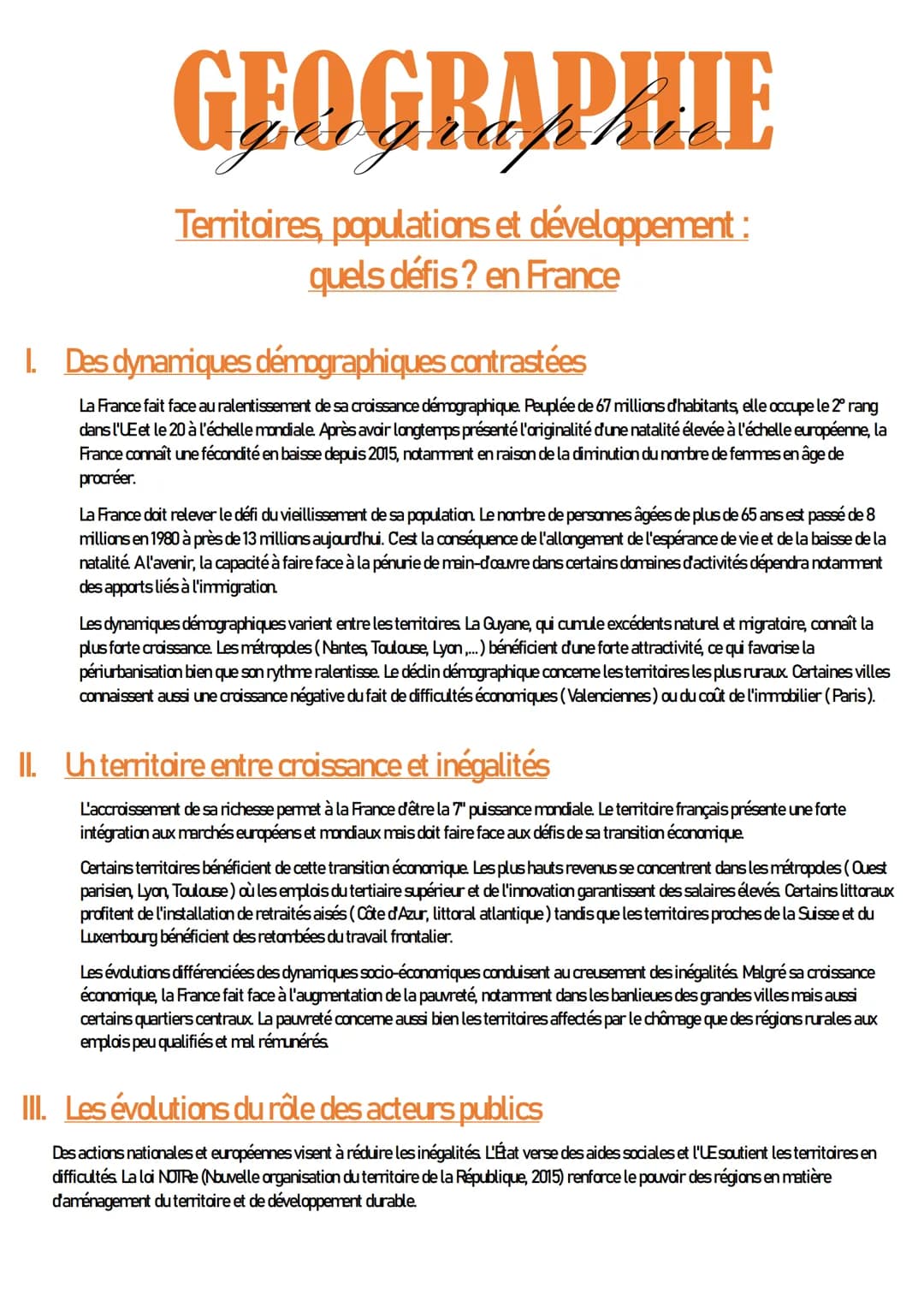 GEOGRAPHIE
Territoires, populations et développement :
quels défis? en France
1. Des dynamiques démographiques contrastées
La France fait fa