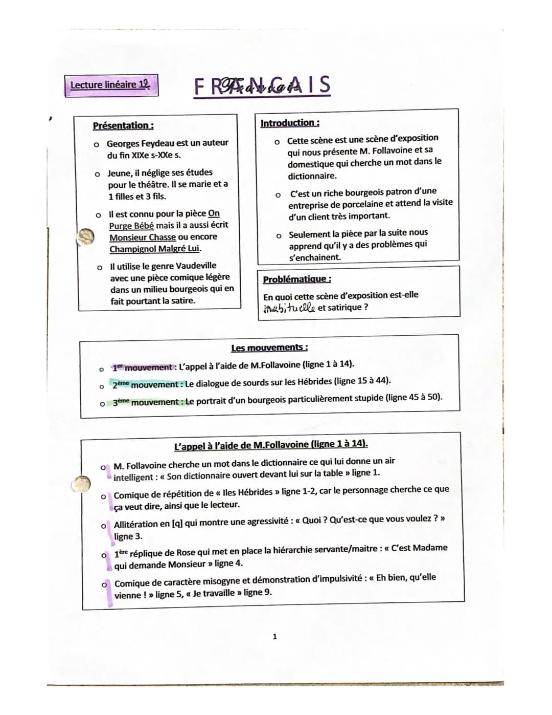 Lecture linéaire 12
Présentation:
o Georges Feydeau est un auteur
du fin XIXe s-XXe s.
FRANCAIS
o Jeune, il néglige ses études
pour le théât