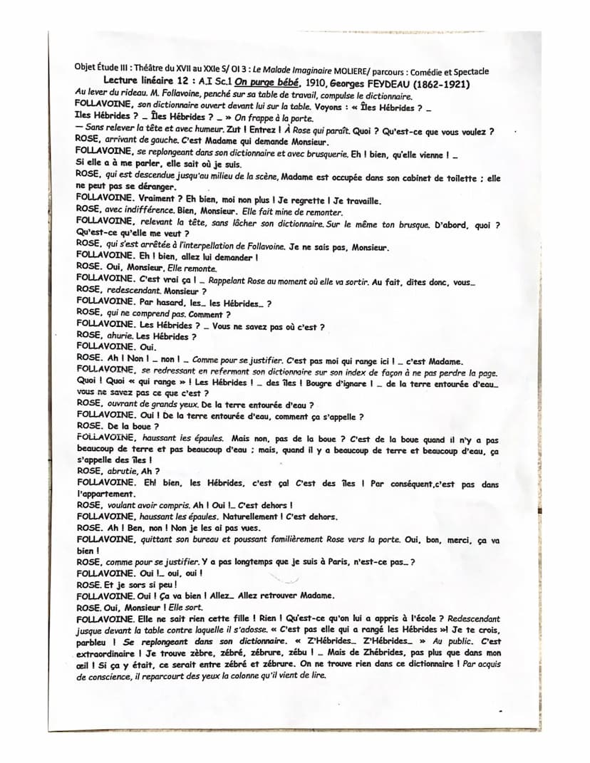 Lecture linéaire 12
Présentation:
o Georges Feydeau est un auteur
du fin XIXe s-XXe s.
FRANCAIS
o Jeune, il néglige ses études
pour le théât