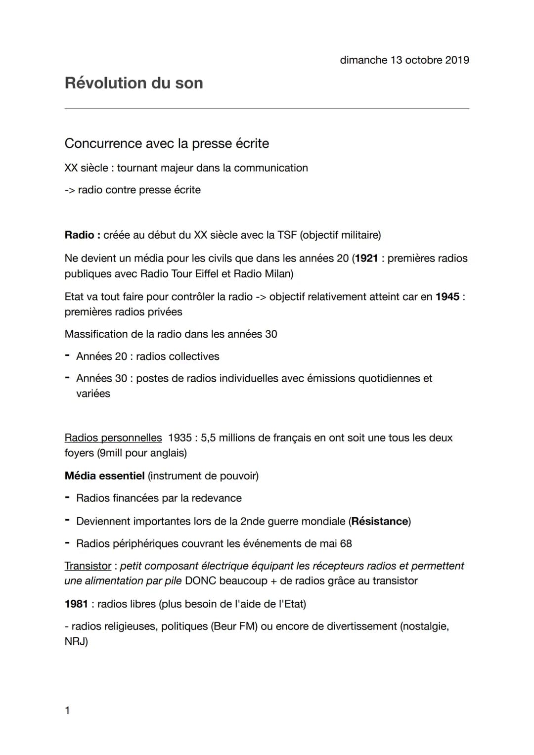 Révolution du son
Concurrence avec la presse écrite
XX siècle : tournant majeur dans la communication
-> radio contre presse écrite
dimanche