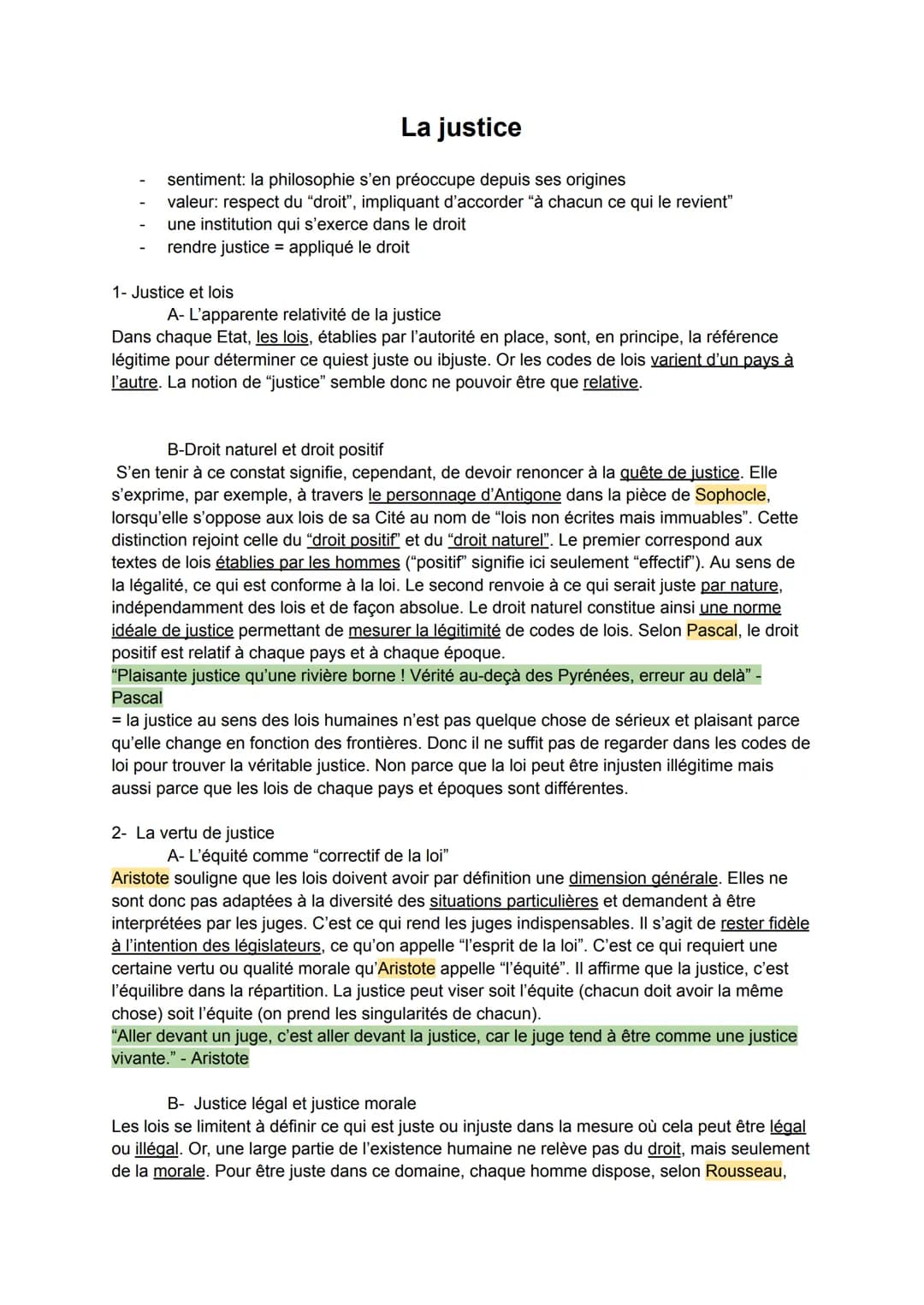 La justice
sentiment: la philosophie s'en préoccupe depuis ses origines
valeur: respect du "droit", impliquant d'accorder "à chacun ce qui l
