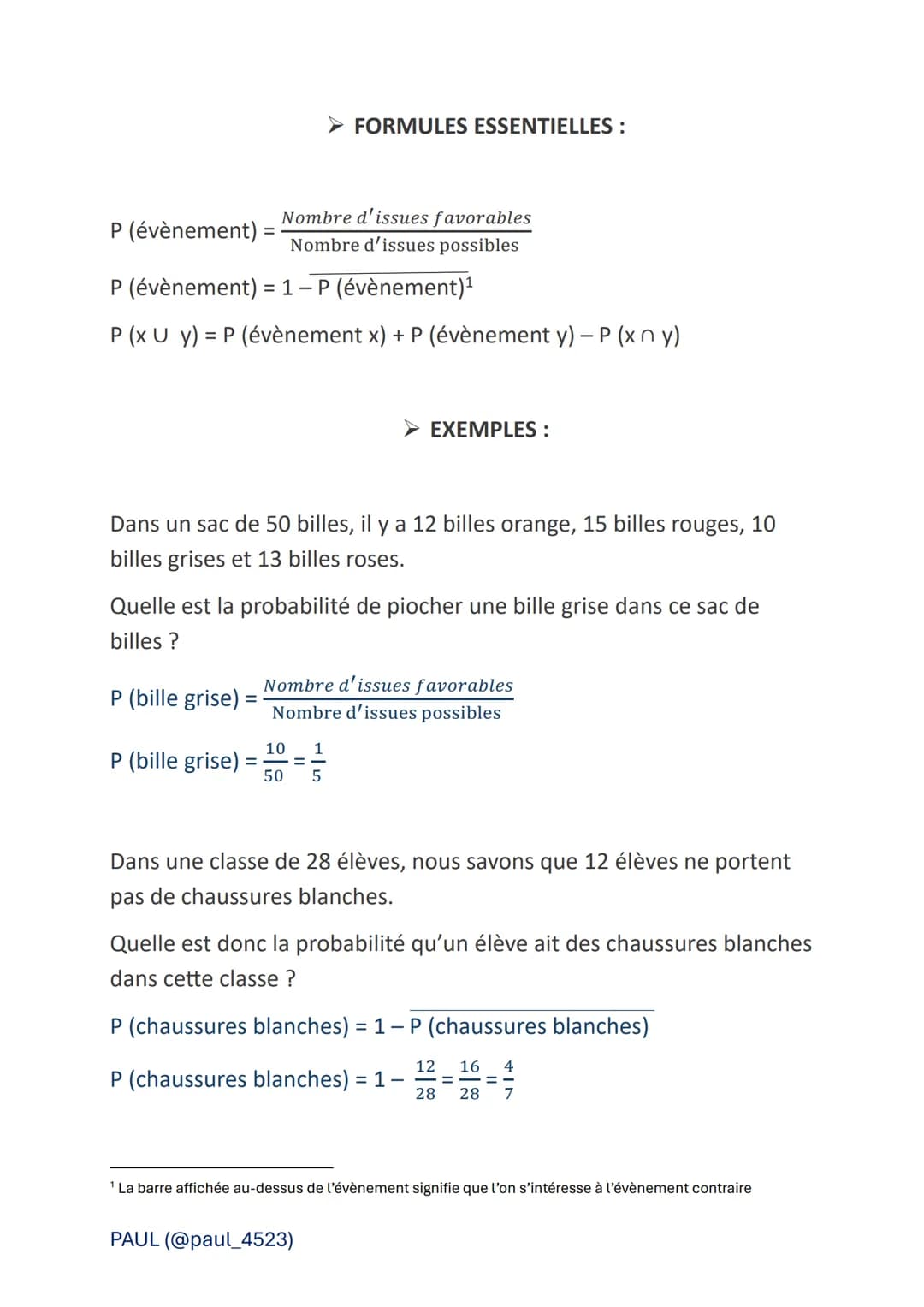 Les probabilités
> VOCABULAIRE :
Expérience aléatoire : On dit qu'une expérience est aléatoire si l'on
connaît tous les résultats possibles,