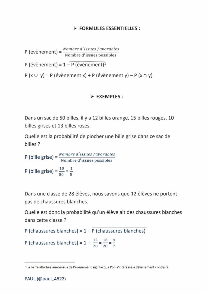Les probabilités
> VOCABULAIRE :
Expérience aléatoire : On dit qu'une expérience est aléatoire si l'on
connaît tous les résultats possibles,