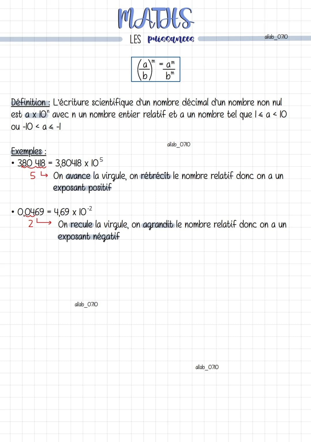 Définition: Soient a un nombre non nul et n un entier
• a^=
"Ξαχαχαχ ...xa,
n = l'exposant
n facteurs
MATHS
LES puissances
Propriété : L'inv