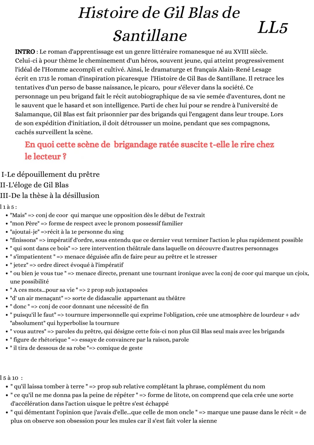 Histoire de Gil Blas de
LL5
Santillane
INTRO : Le roman d'apprentissage est un genre littéraire romanesque né au XVIII siècle.
Celui-ci à po