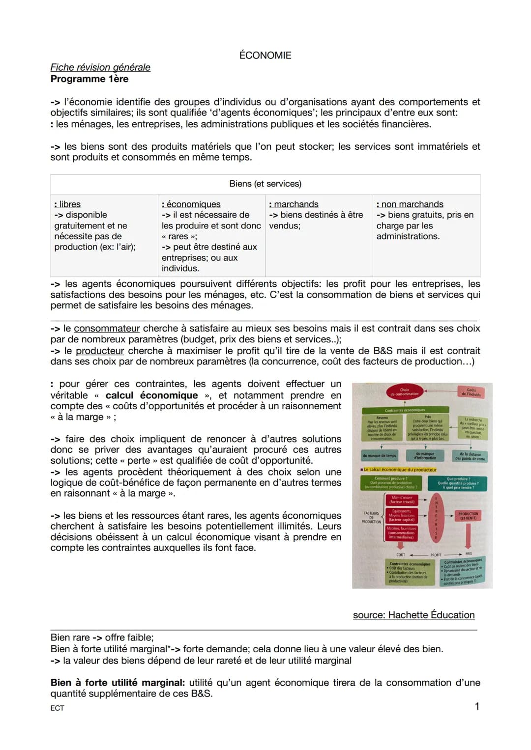 Fiche révision générale
Programme 1ère
-> l'économie identifie des groupes d'individus ou d'organisations ayant des comportements et
objecti