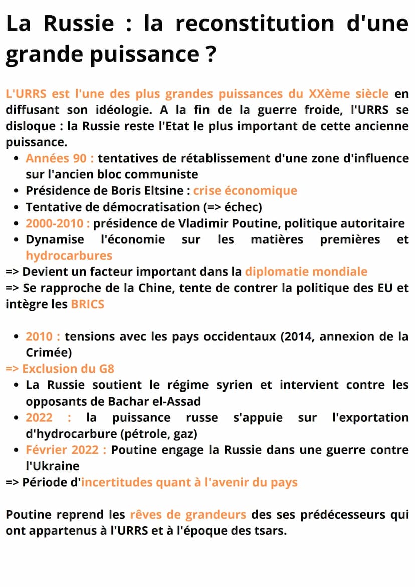 Geopolitique
INTERNATIONALES
LES
Facteurs et fondements d'une
puissance
●
• Puissance militaire : Russie, France, Chine, E.U
• Tourisme: vie