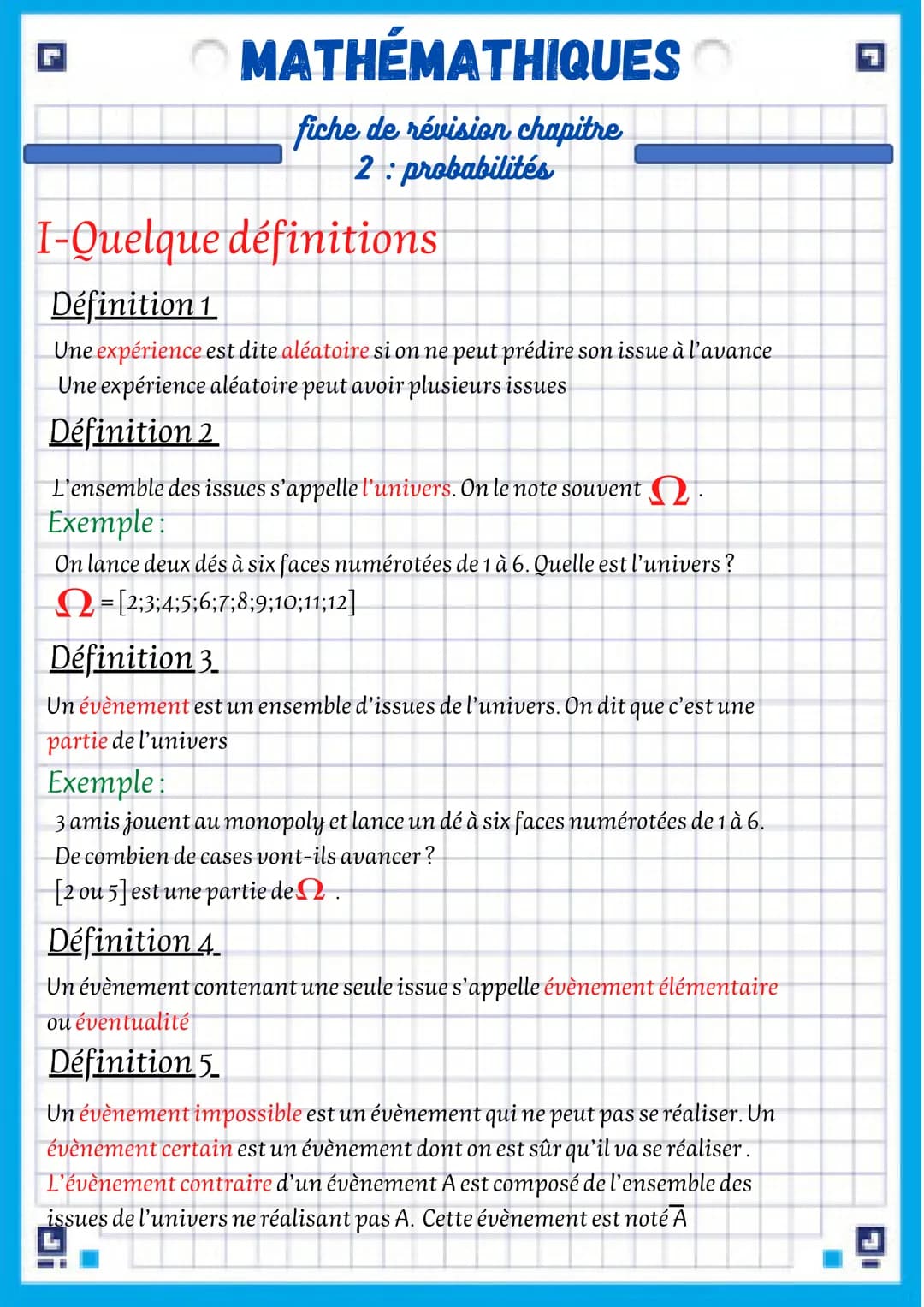 MATHÉMATHIQUES
fiche de révision chapitre
2: probabilités
I-Quelque définitions
Définition 1
Une expérience est dite aléatoire si on ne peut