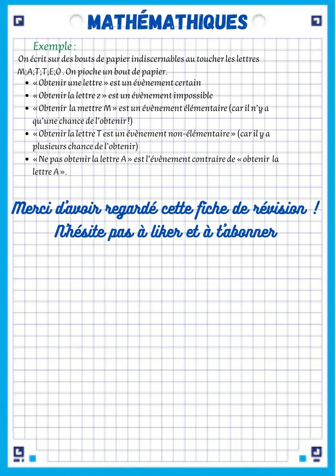 MATHÉMATHIQUES
fiche de révision chapitre
2: probabilités
I-Quelque définitions
Définition 1
Une expérience est dite aléatoire si on ne peut