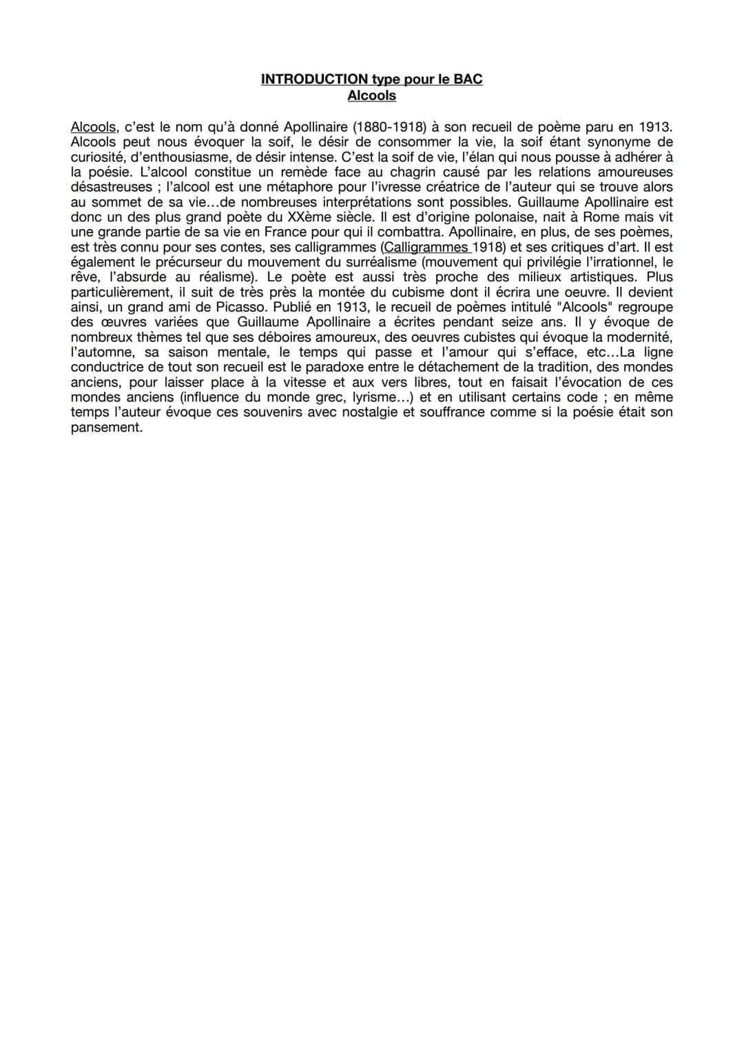 INTRODUCTION type pour le BAC
Alcools
Alcools, c'est le nom qu'à donné Apollinaire (1880-1918) à son recueil de poème paru en 1913.
Alcools 