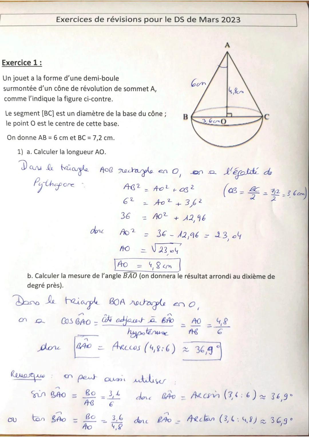 Exercice 1:
Un jouet a la forme d'une demi-boule
surmontée d'un cône de révolution de sommet A,
comme l'indique la figure ci-contre.
Le segm