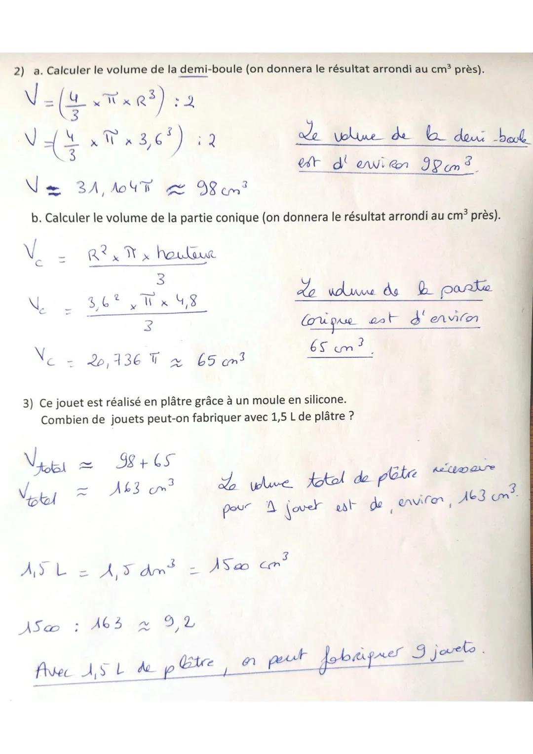 Exercice 1:
Un jouet a la forme d'une demi-boule
surmontée d'un cône de révolution de sommet A,
comme l'indique la figure ci-contre.
Le segm