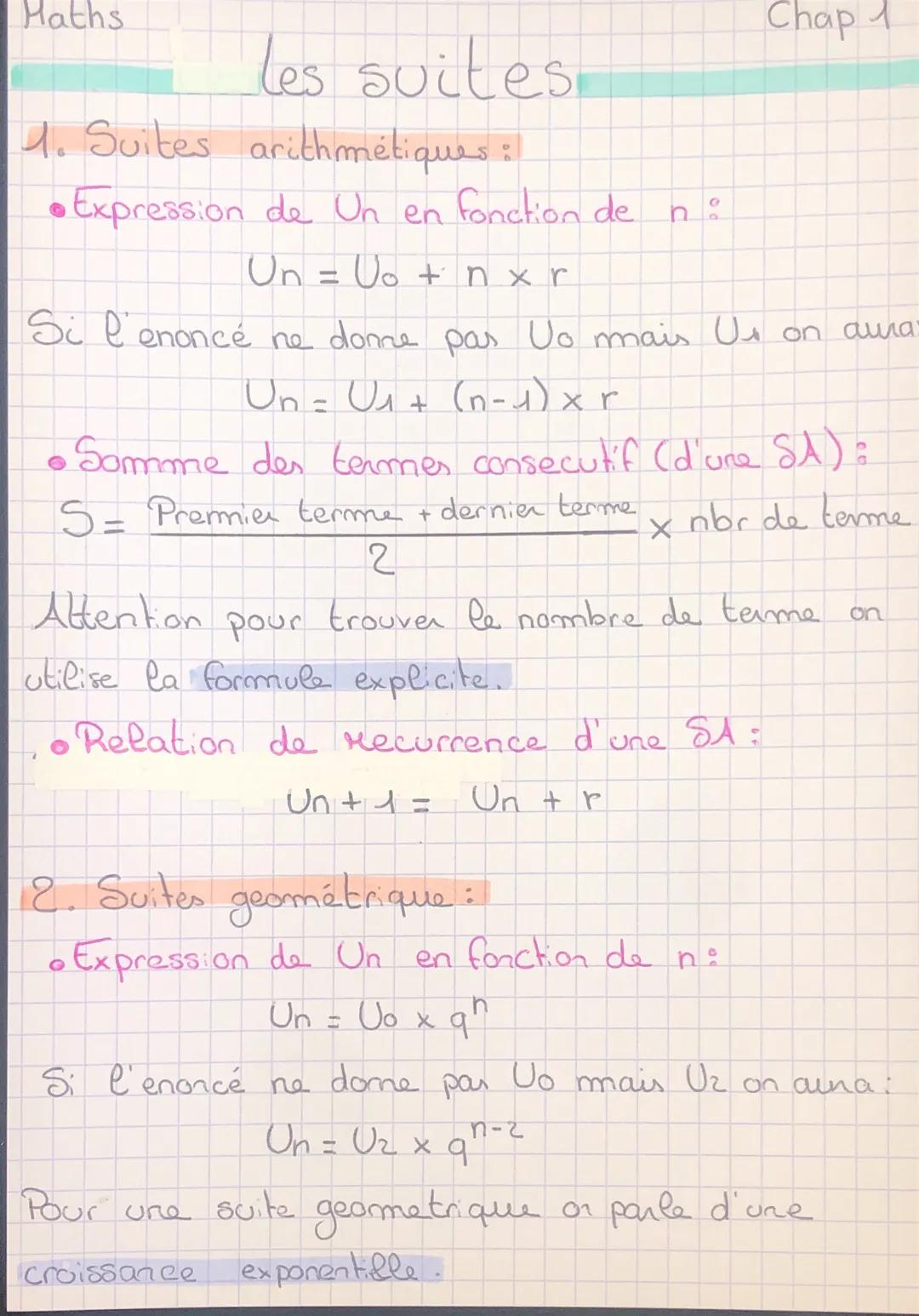 Haths
1. Suites arithmétiques :
•Expression de Un en fonction de
les suites.
Un = U₁ + n x r
Si l'enoncé ne donne pas Uo mais Us
Un = U₁ + (