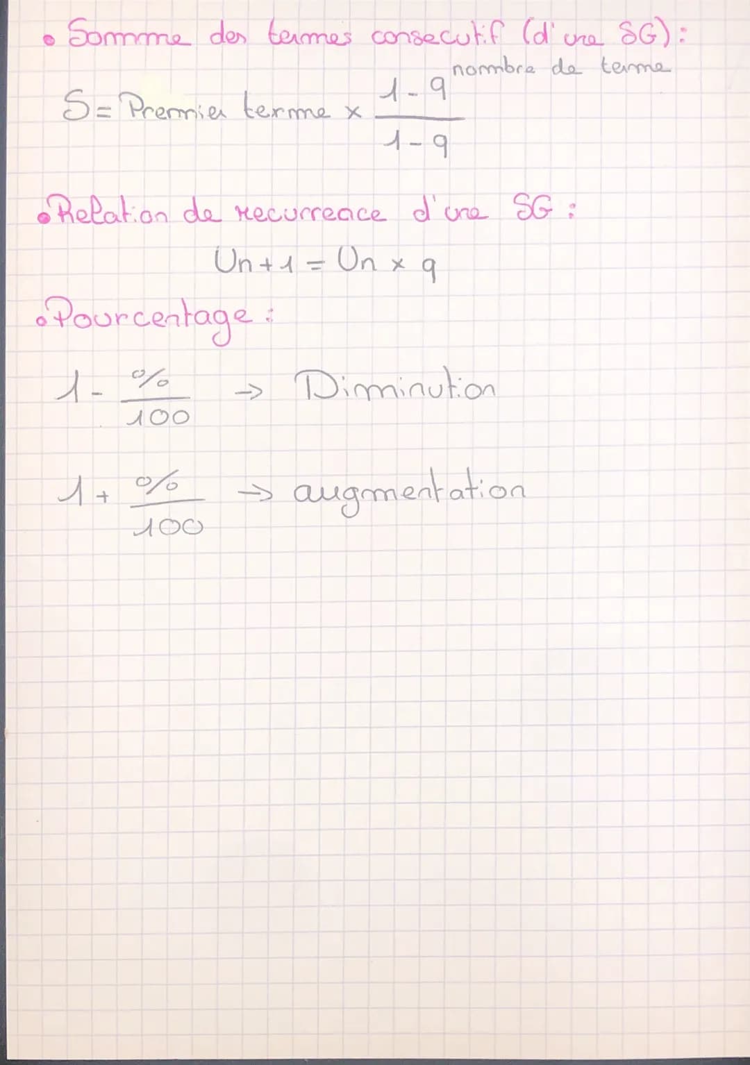 Haths
1. Suites arithmétiques :
•Expression de Un en fonction de
les suites.
Un = U₁ + n x r
Si l'enoncé ne donne pas Uo mais Us
Un = U₁ + (