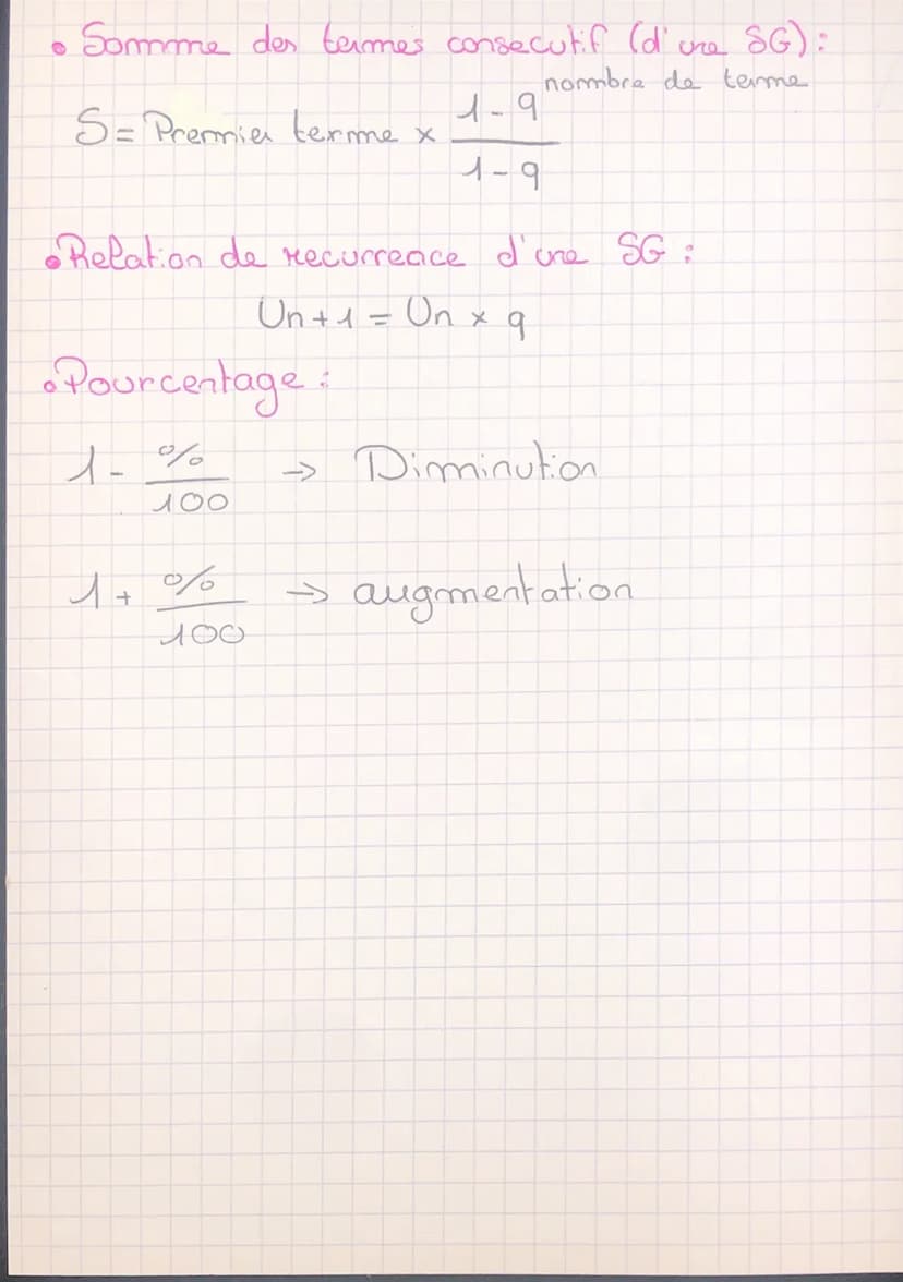 Haths
1. Suites arithmétiques :
•Expression de Un en fonction de
les suites.
Un = U₁ + n x r
Si l'enoncé ne donne pas Uo mais Us
Un = U₁ + (