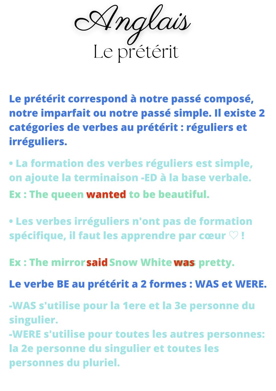 Anglais
Le prétérit
Le prétérit correspond à notre passé composé,
notre imparfait ou notre passé simple. Il existe 2
catégories de verbes au