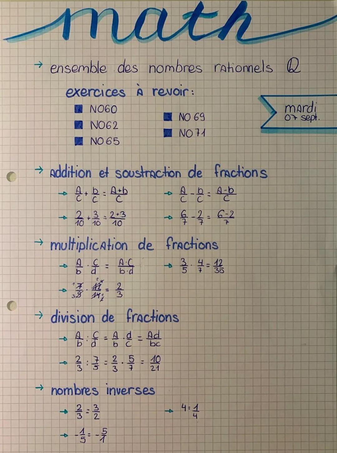 C
math
→ ensemble des nombres rationnels Q
exercices À revoir:
N060
NO62
NO 65
→ Addition et soustraction de fractions
A+b=A+b
с
с
4
4
C
2.3