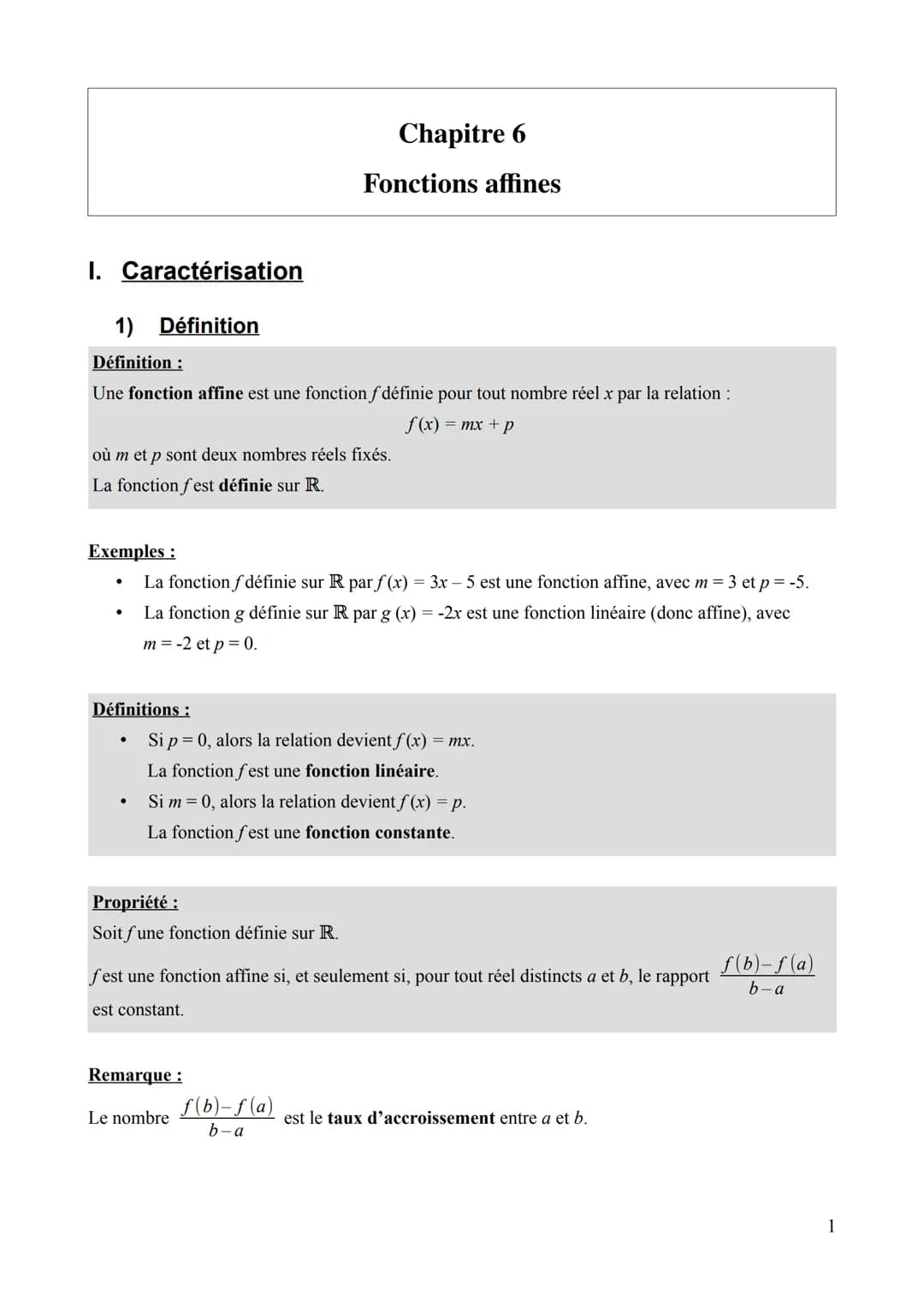 --- OCR Start ---
Chapitre 6
Fonctions affines
I. Caractérisation
1) Définition
Définition:
Une fonction affine est une fonction ƒ définie p