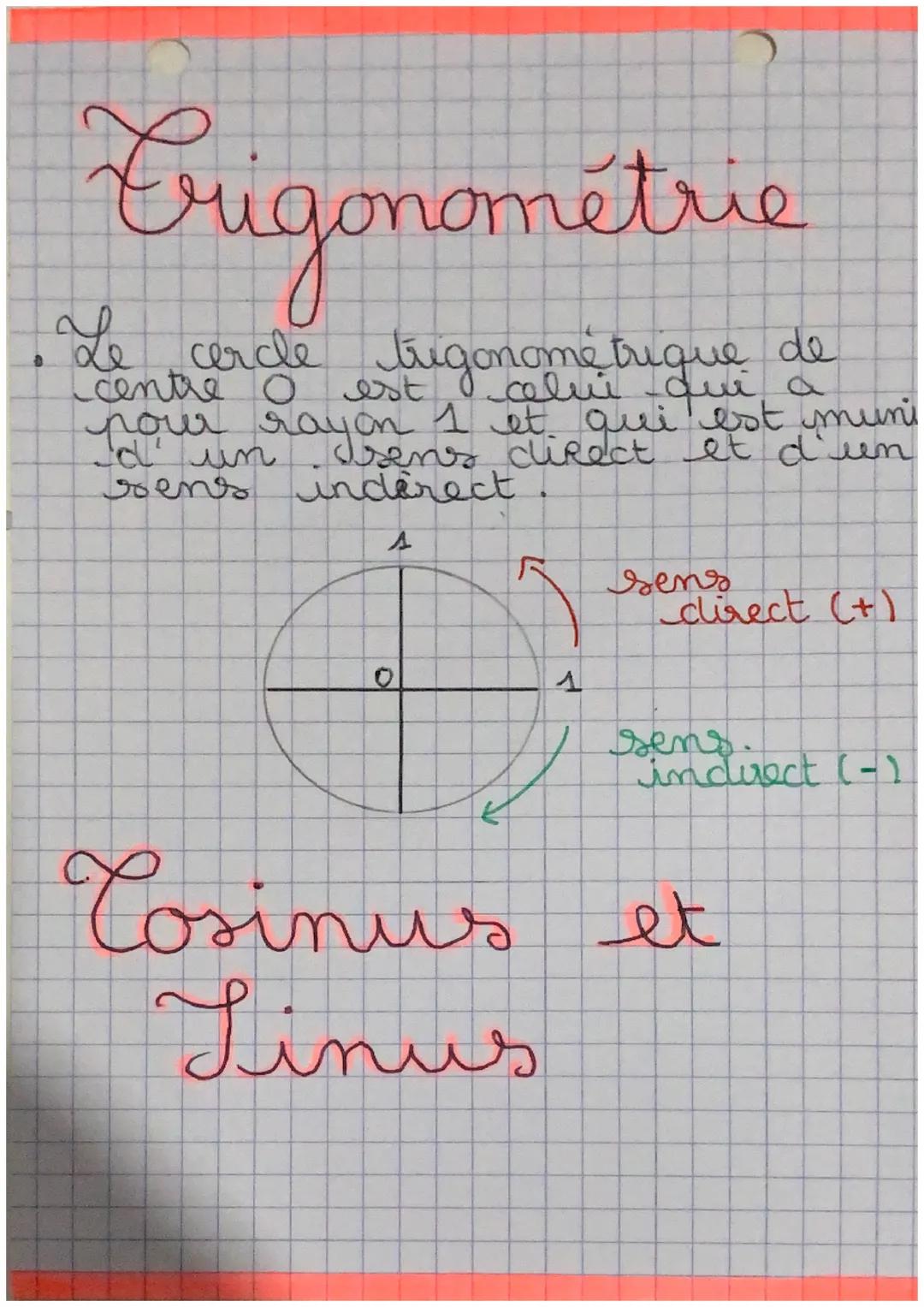 Erigonométrie
Le cercle trigonometrique de
o
a
pour rayon 1 et qui est muni
I'd' un Isens direct et d'en
sens indérect
s
0
1
sens
direct (+)