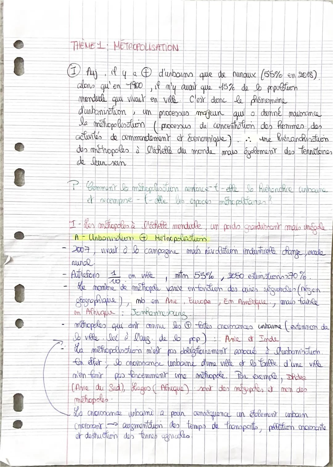 THEMEY METROPOLISATION
mondiale
☺ Auj, il y a ☺ d'urbains que de nunaux (55% en 2018)
alons qu'en 1900, il m'y avait que 15% de la populatio