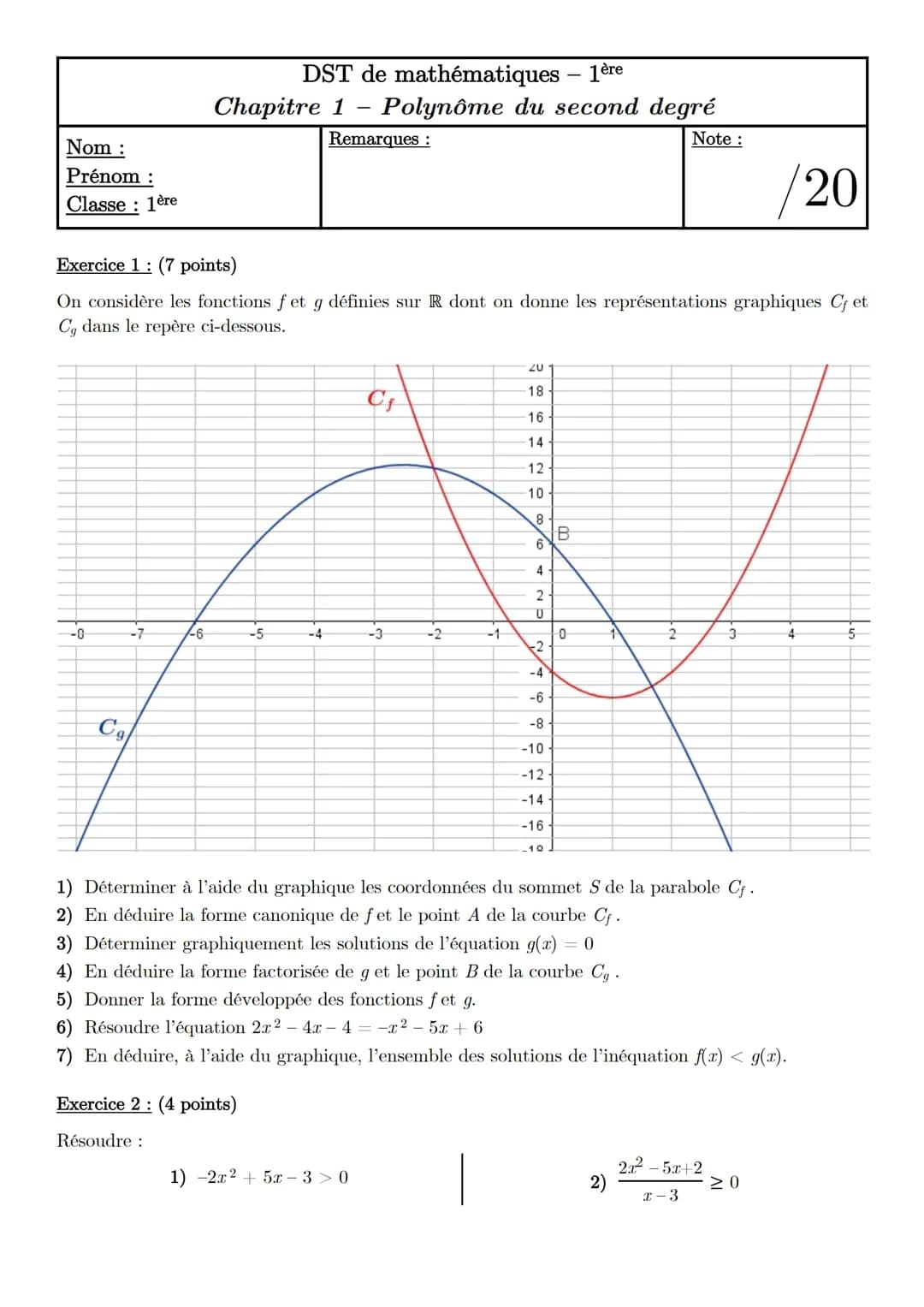 Nom :
Prénom :
Classe : 1ère
-8-
-7
Exercice 1: (7 points)
On considère les fonctions fet g définies sur R dont on donne les représentations
