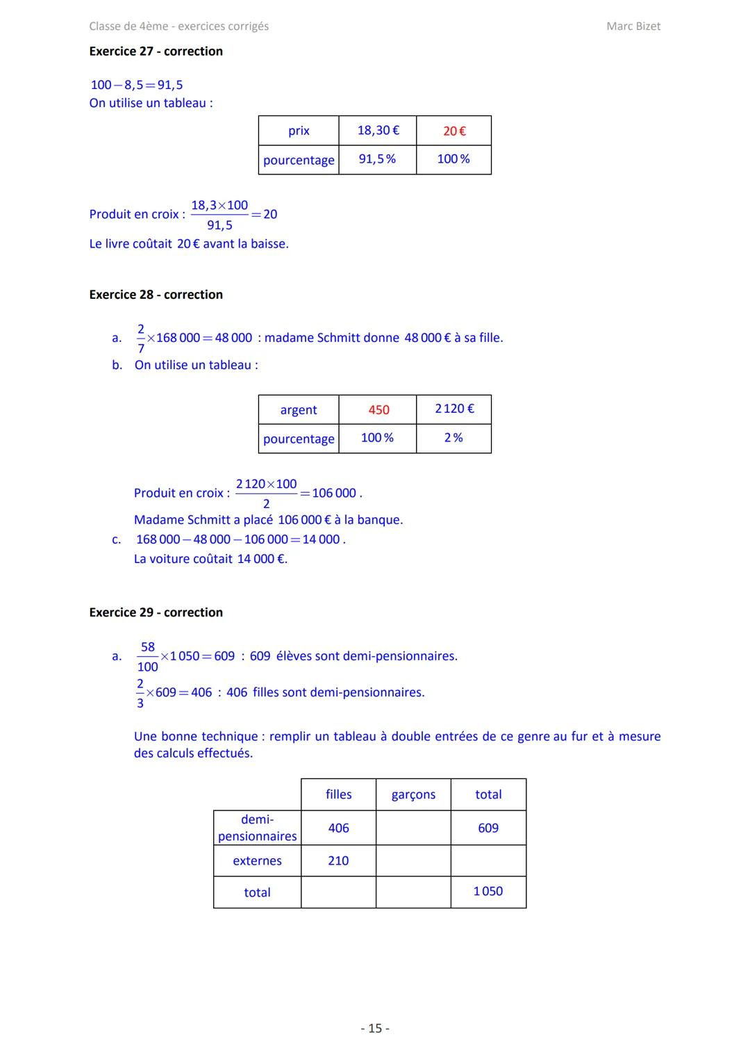 Classe de 4ème - exercices corrigés
Exercice 1
Compléter le tableau de proportionnalité suivant :
25
Proportionnalité et applications : exer