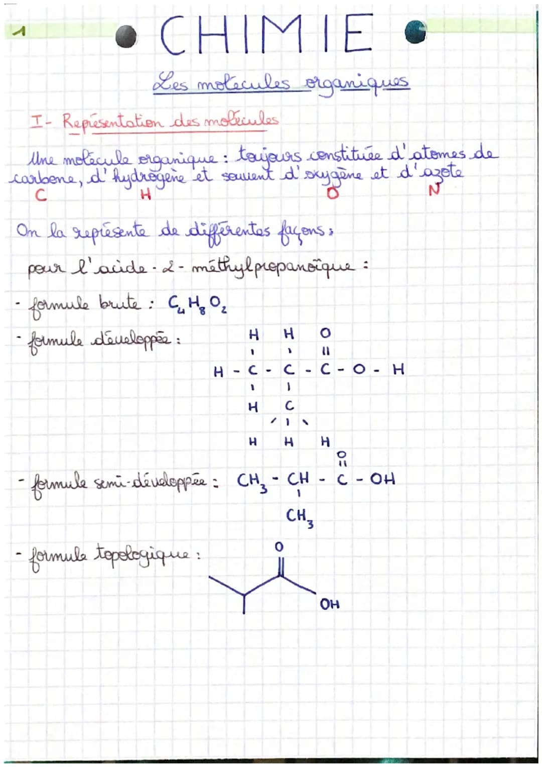 T
• CHIMIE .
Les molecules organiques
I- Représentation des molécules
Une molecule organique : toujours constituée d'atomes de
carbone, d'hy