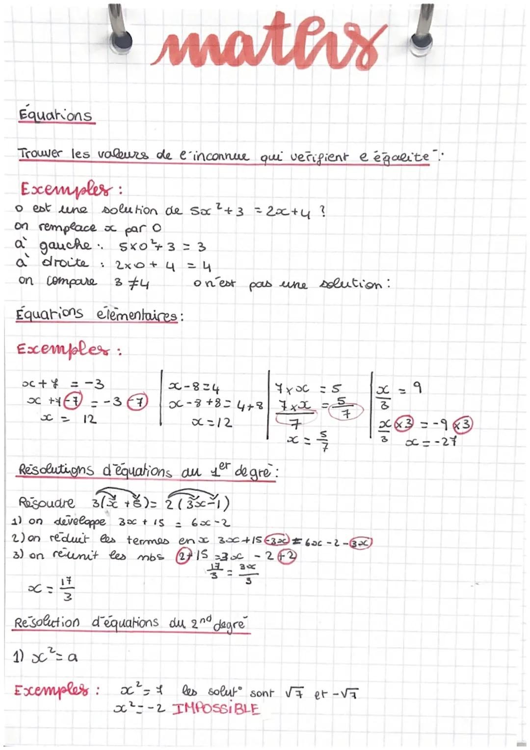 maters!

Equations

Trouver les valeurs de l'inconnue qui verifient e égalite".

Exemples:
o est une solution de $5x^2+3 = 2x+4$ ?
on rempla