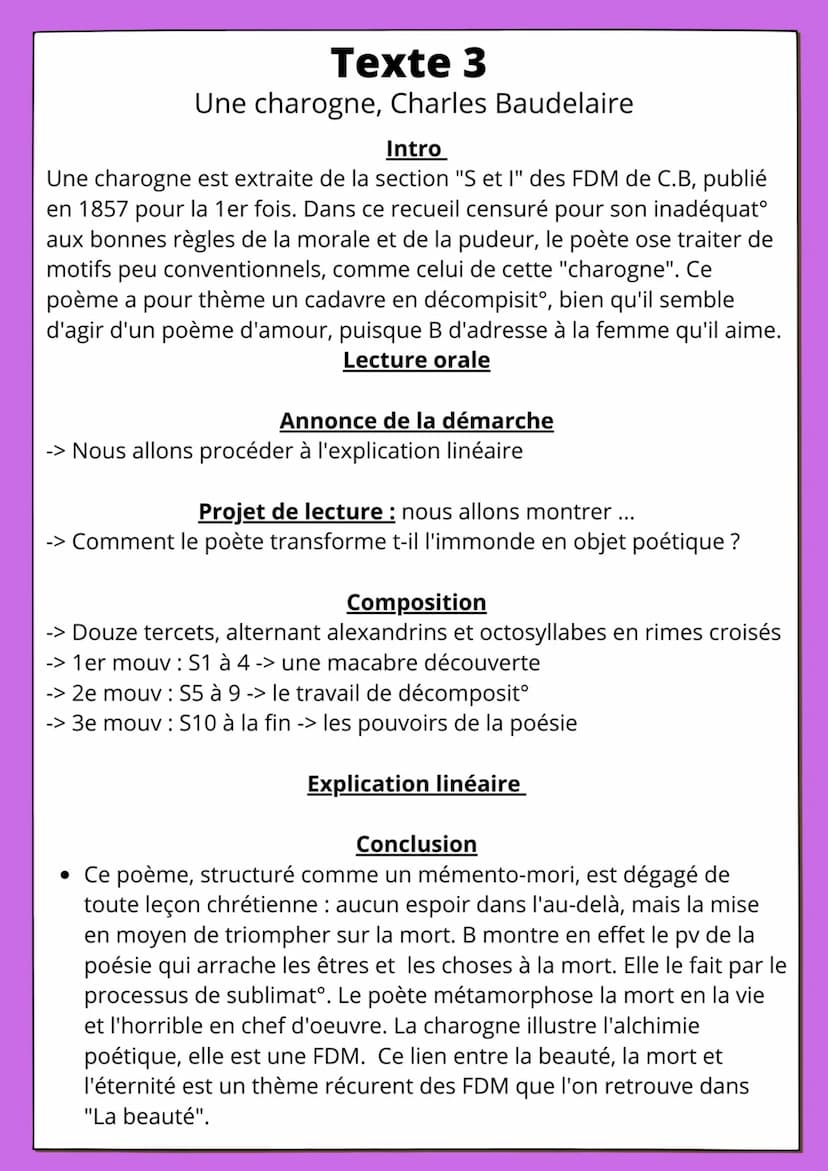 Texte 3
Une charogne, Charles Baudelaire
Intro
Une charogne est extraite de la section "S et I" des FDM de C.B, publié
en 1857 pour la 1er f