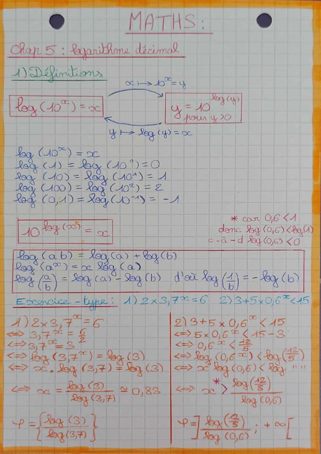 MATHS:
Chap 5: logarithme décimal
1) Définitions
log (10°) = 00
8
x1104
log (y)
вд (лох) =_x
y
=40
pour y so
y log (y) = oc
log (1) = bg (10