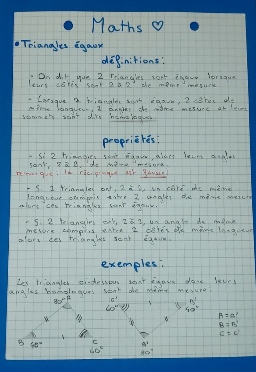 exemple propriété 3
B
C
Les triangles ABC
0
réponse :
justification
Maths ♡
C
D: [BC] = [DE]
11
c'
exercice :
et DEF sont-ils égaux ? Justif