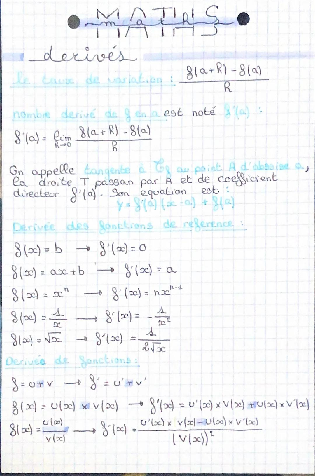 # MATAS.

derivés

ile cause de variation: $\frac{8(a+R)-8(a)}{R}$

nombre derivé de gen a est notě $8'(a)$:

$8'(a) = \lim_{R\to 0} \frac{8