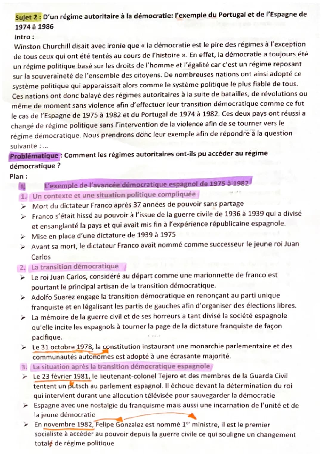 Sujet 2: D'un régime autoritaire à la démocratie: l'exemple du Portugal et de l'Espagne de
1974 à 1986
Intro:
Winston Churchill disait avec 