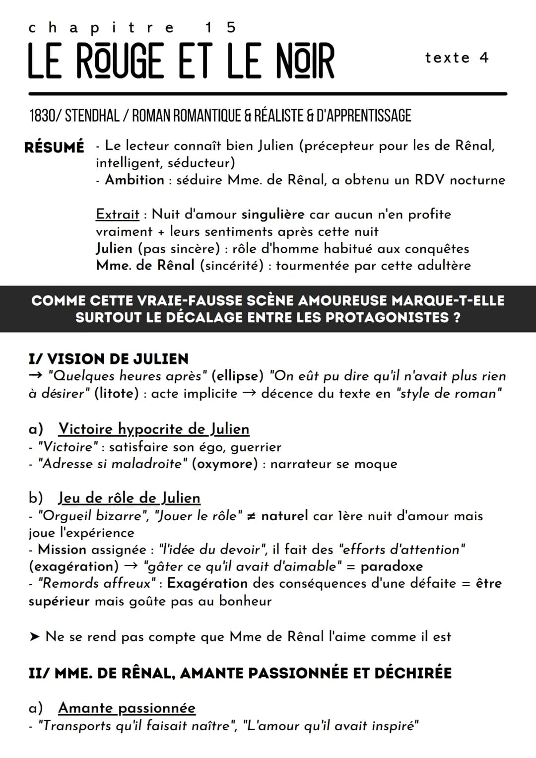 chapitre 15
LE ROUGE ET LE NOIR
1830/STENDHAL/ROMAN ROMANTIQUE & RÉALISTE & D'APPRENTISSAGE
RÉSUMÉ - Le lecteur connaît bien Julien (précept
