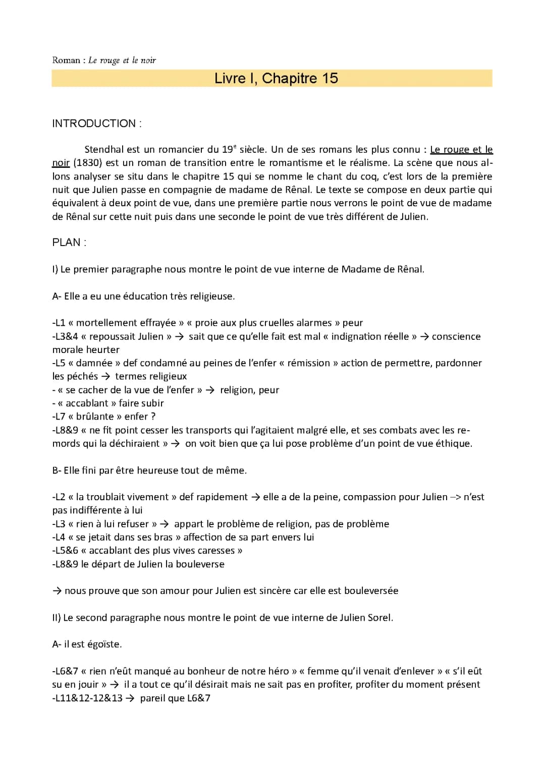 Analyse linéaire du Chapitre 15, Livre 1 : Le Rouge et le Noir