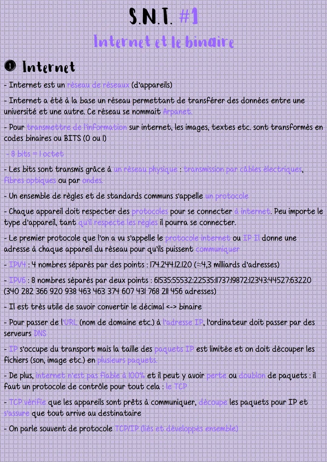 S.N.T. #1
Internet et le binaire
O Internet
- Internet est un réseau de réseaux (d'appareils)
- Internet a été à la base un réseau permettan