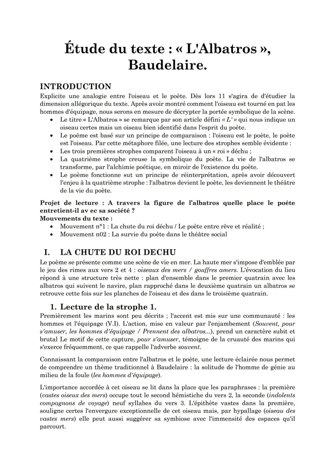 << L'Albatros
Les Fleurs du mal, BAUDELAIRE INTRODUCTION
Explicite une analogie entre l'oiseau et le poète. Dès lors 11 s'agira de d'étudier